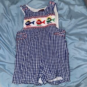 Cactus Navy Checkered Romper with Colorful Fish Design